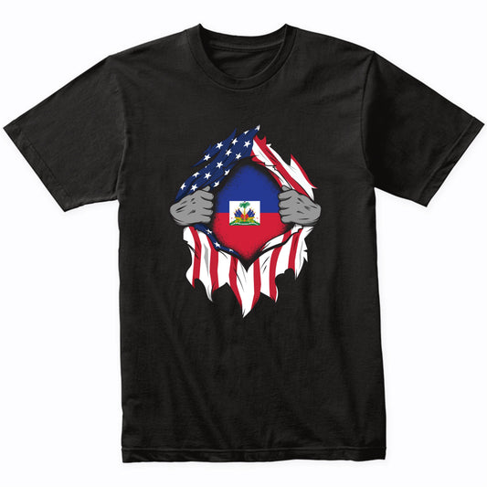 Haitian American Flags Hands Ripping Flag on Chest T-Shirt