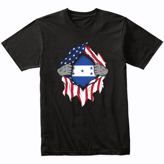 Honduran American Flags Hands Ripping Flag on Chest T-Shirt