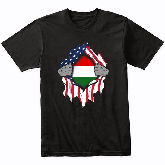 Hungarian American Flags Hands Ripping Flag on Chest T-Shirt