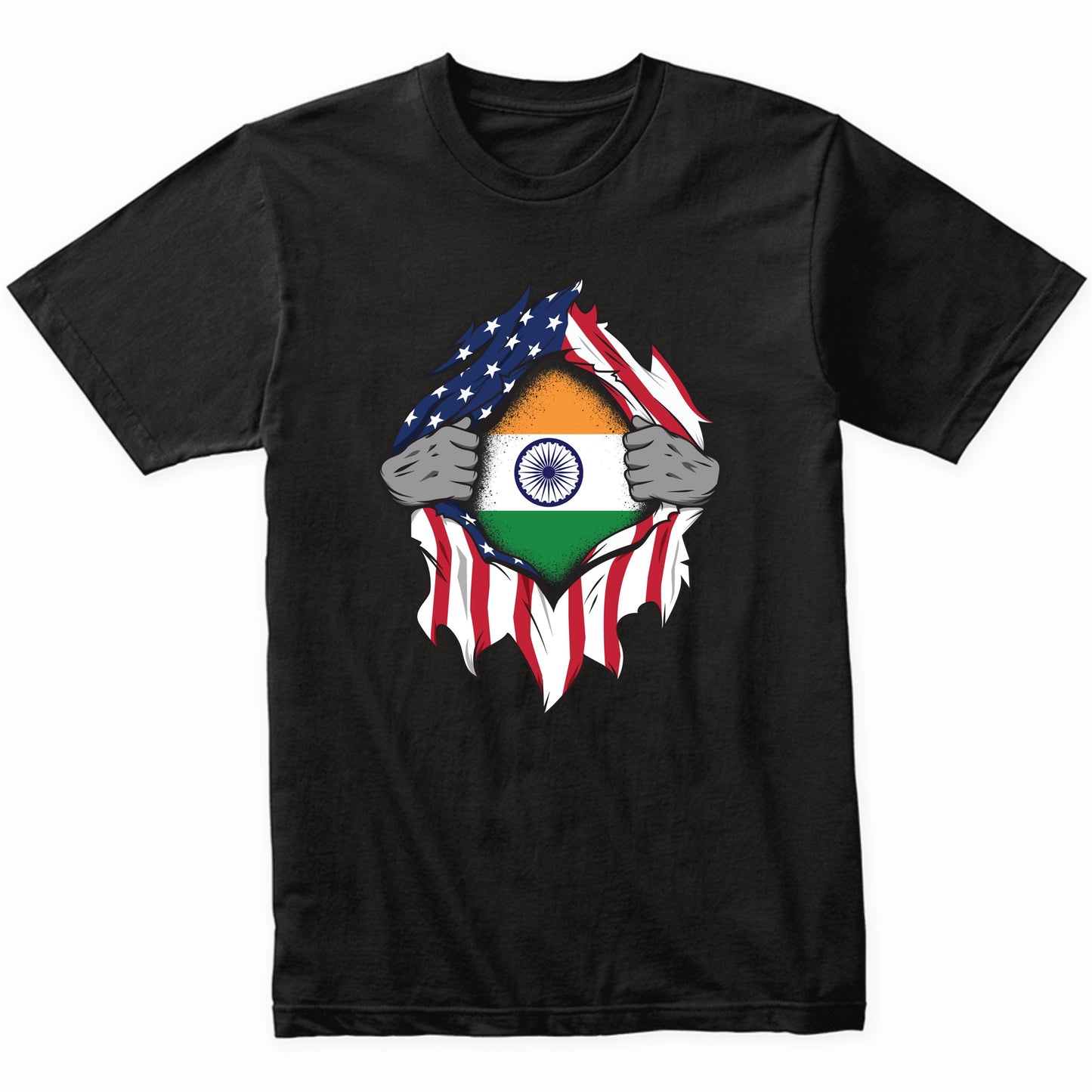 Indian American Flags Hands Ripping Flag on Chest T-Shirt