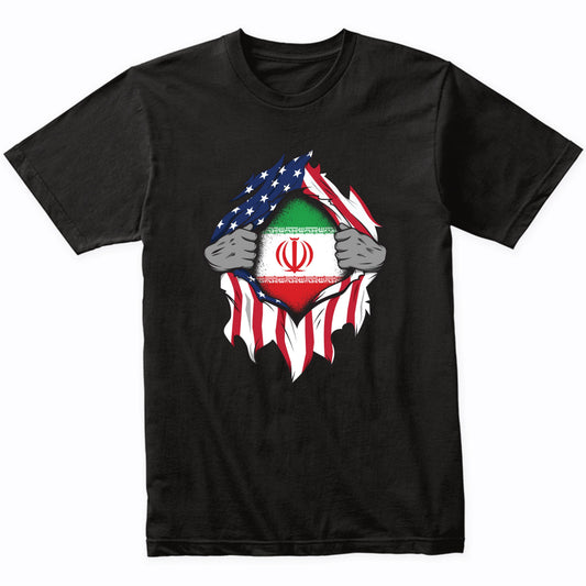Iranian American Flags Hands Ripping Flag on Chest T-Shirt