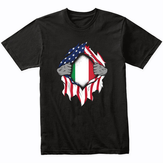 Italian American Flags Hands Ripping Flag on Chest T-Shirt
