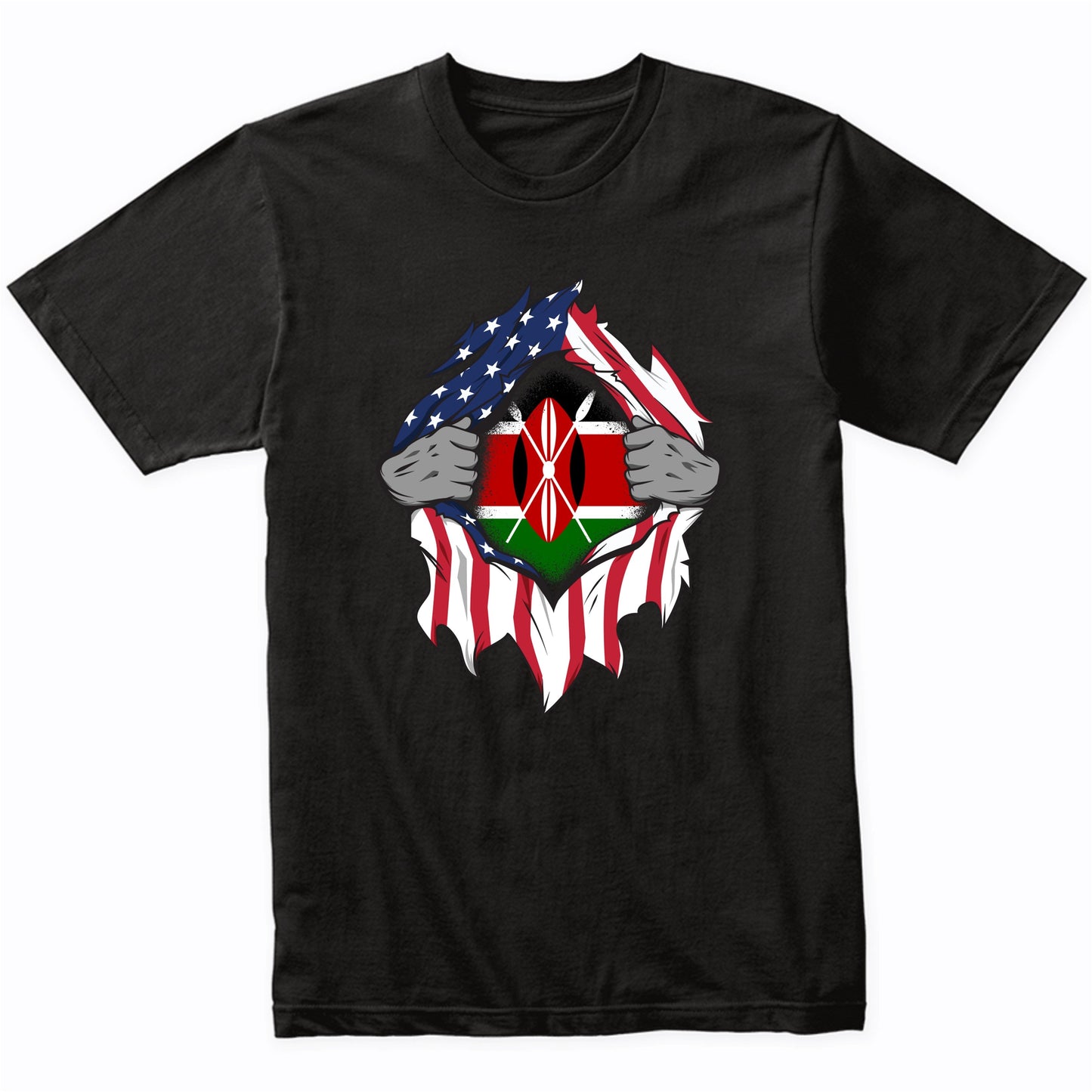 Kenyan American Flags Hands Ripping Flag on Chest T-Shirt