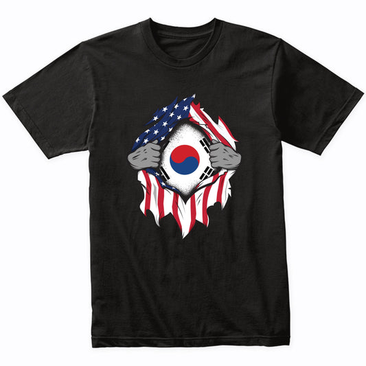 Korean American Flags Hands Ripping Flag on Chest T-Shirt