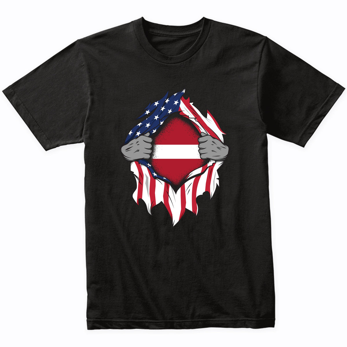 Latvian American Flags Hands Ripping Flag on Chest T-Shirt