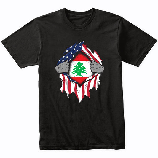 Lebanese American Flags Hands Ripping Flag on Chest T-Shirt