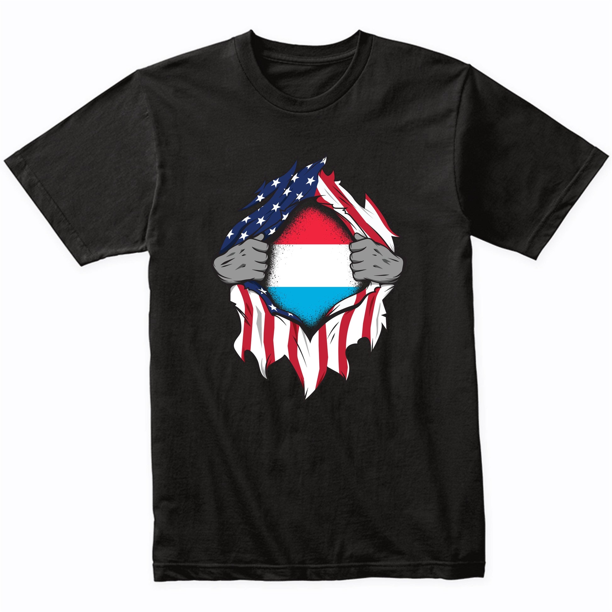 Luxembourgish American Flags Hands Ripping Flag on Chest T-Shirt