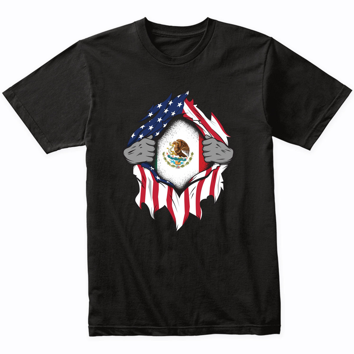 Mexican American Flags Hands Ripping Flag on Chest T-Shirt