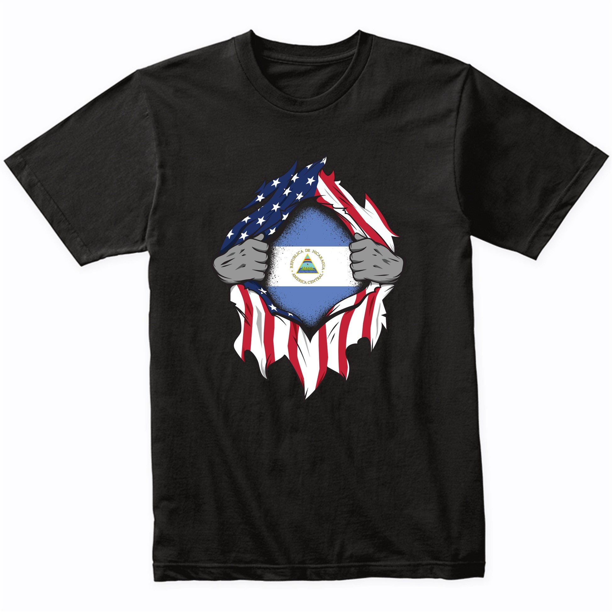 Nicaraguan American Flags Hands Ripping Flag on Chest T-Shirt