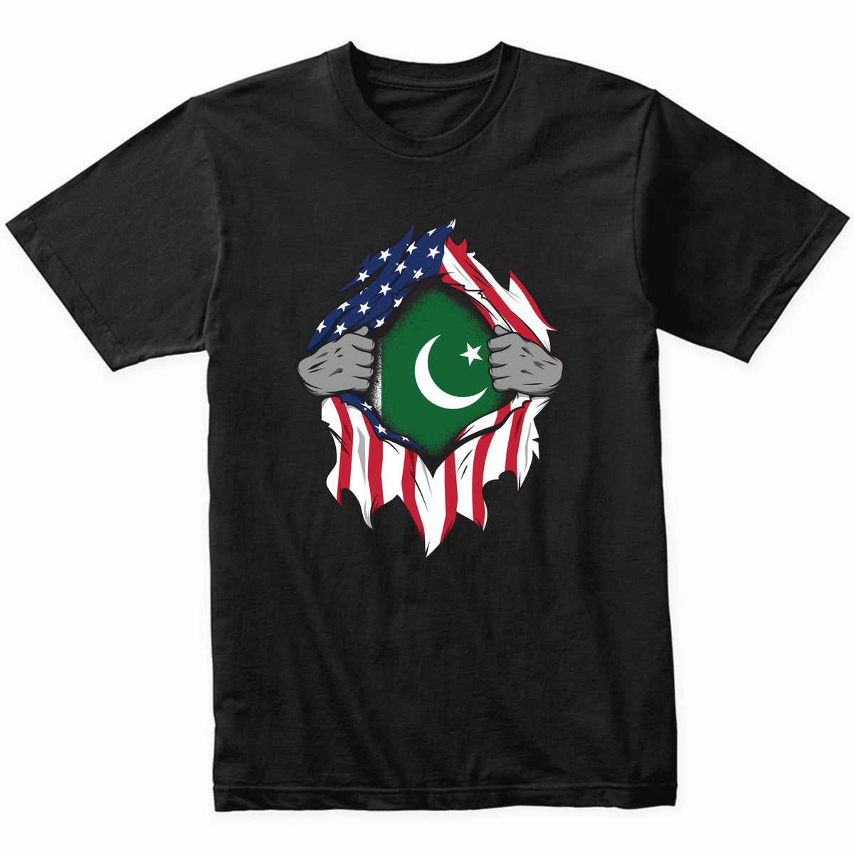 Pakistani American Flags Hands Ripping Flag on Chest T-Shirt