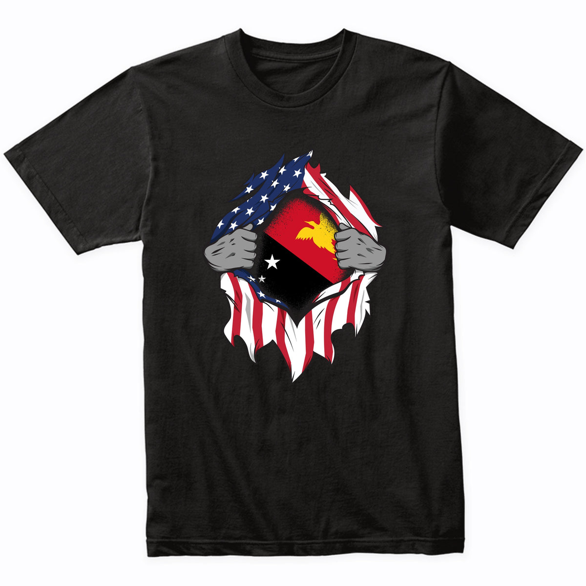 Papuan American Flags Hands Ripping Flag on Chest T-Shirt