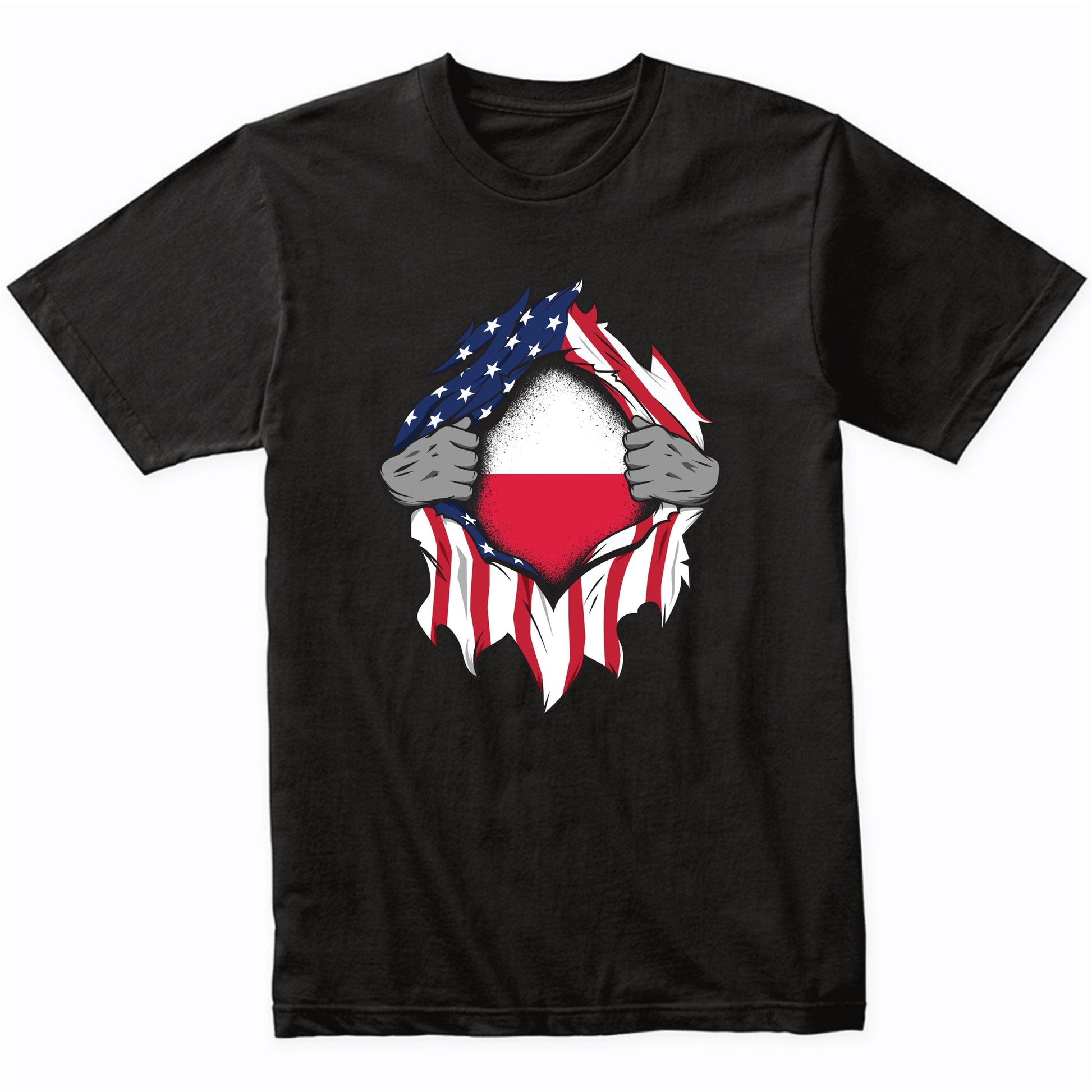 Polish American Flags Hands Ripping Flag on Chest T-Shirt