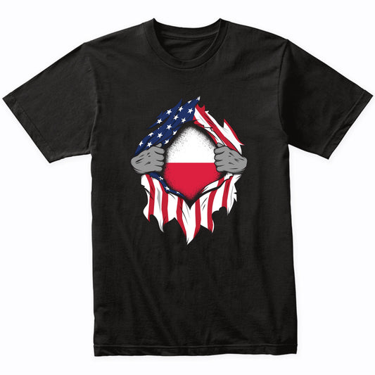 Polish American Flags Hands Ripping Flag on Chest T-Shirt