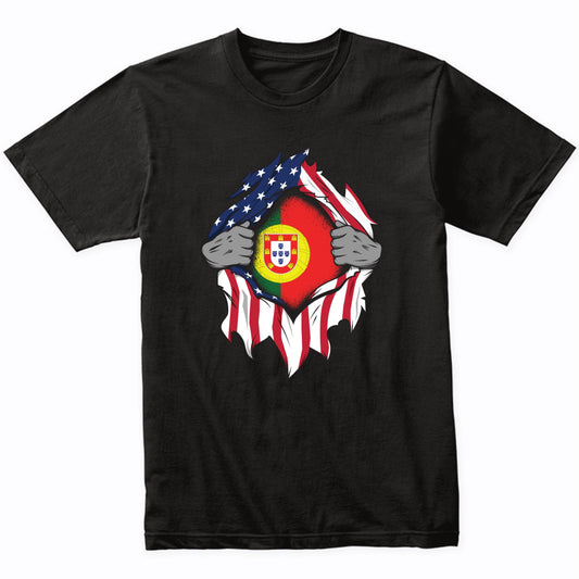 Portuguese American Flags Hands Ripping Flag on Chest T-Shirt