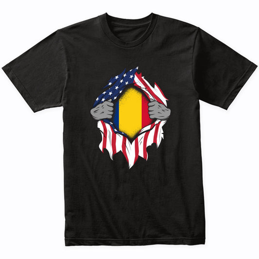 Romanian American Flags Hands Ripping Flag on Chest T-Shirt