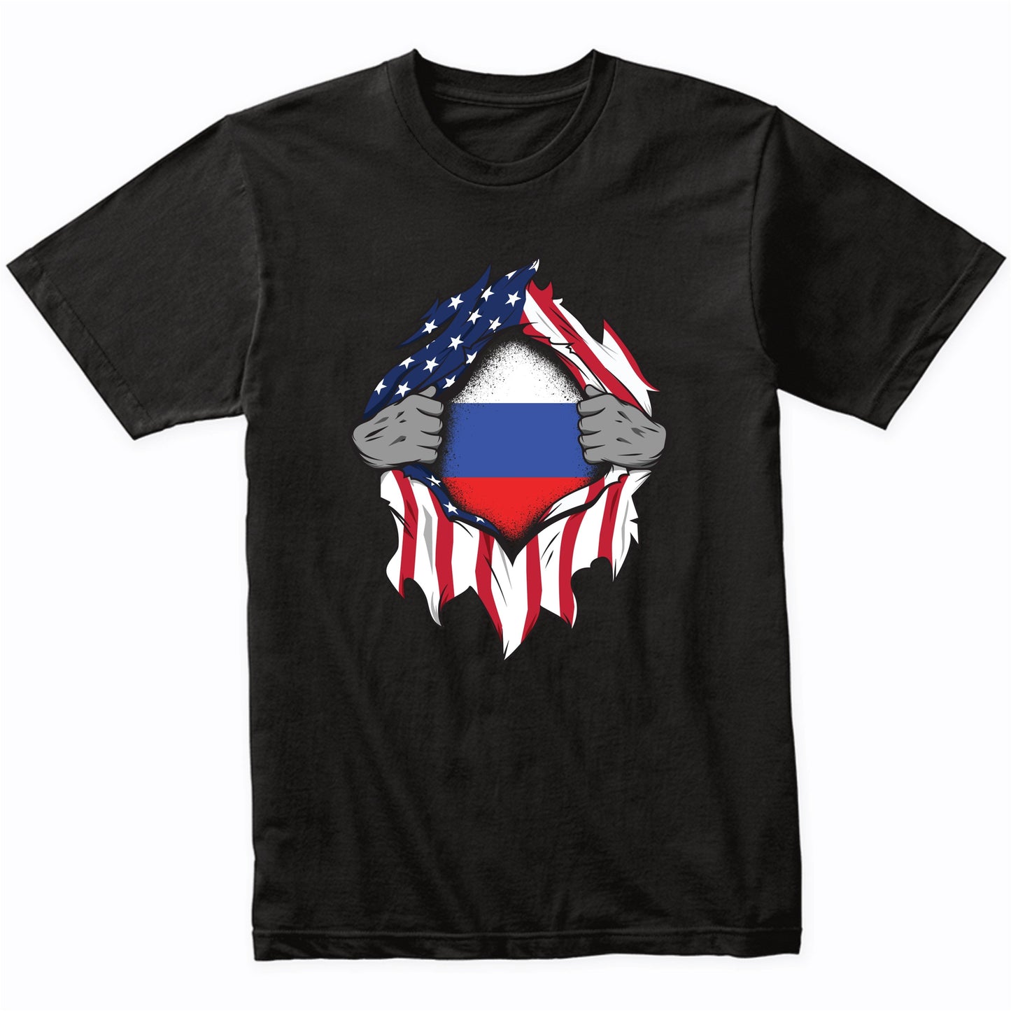 Russian American Flags Hands Ripping Flag on Chest T-Shirt