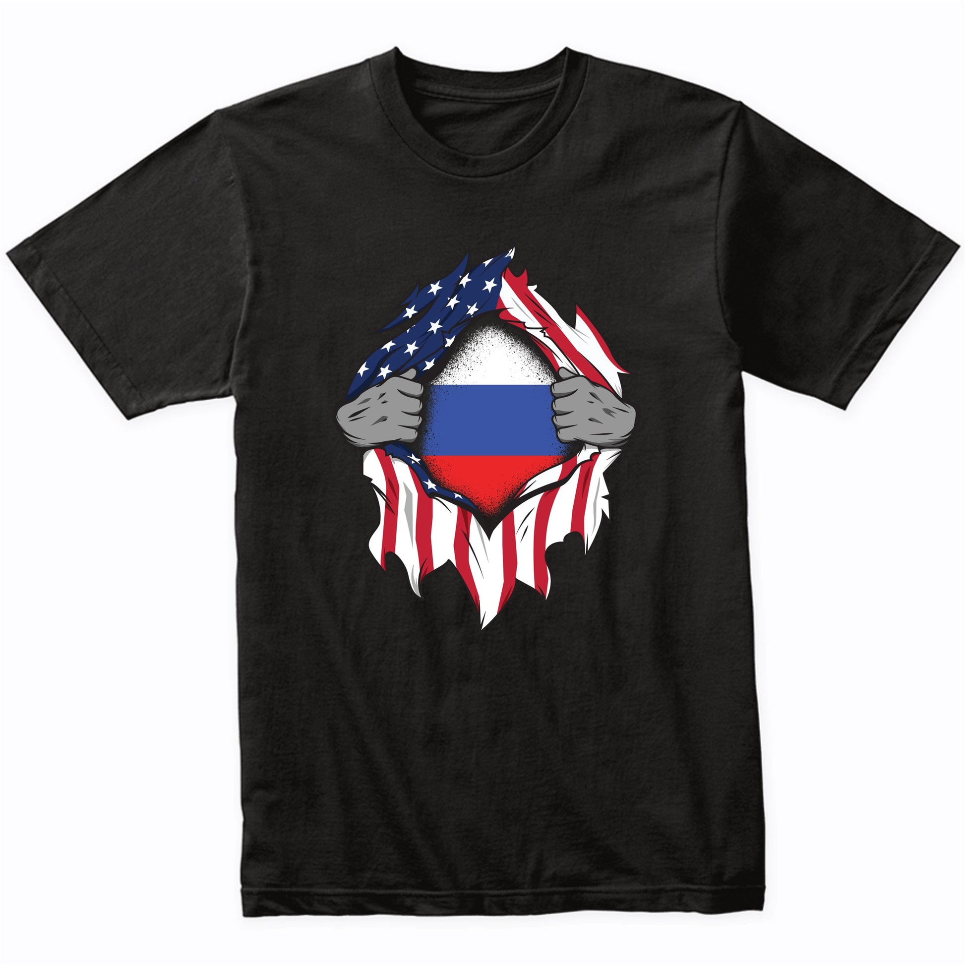 Russian American Flags Hands Ripping Flag on Chest T-Shirt