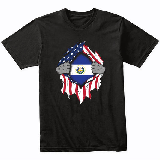 Salvadorian American Flags Hands Ripping Flag on Chest T-Shirt