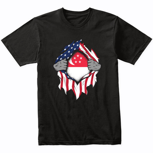 Singaporean American Flags Hands Ripping Flag on Chest T-Shirt