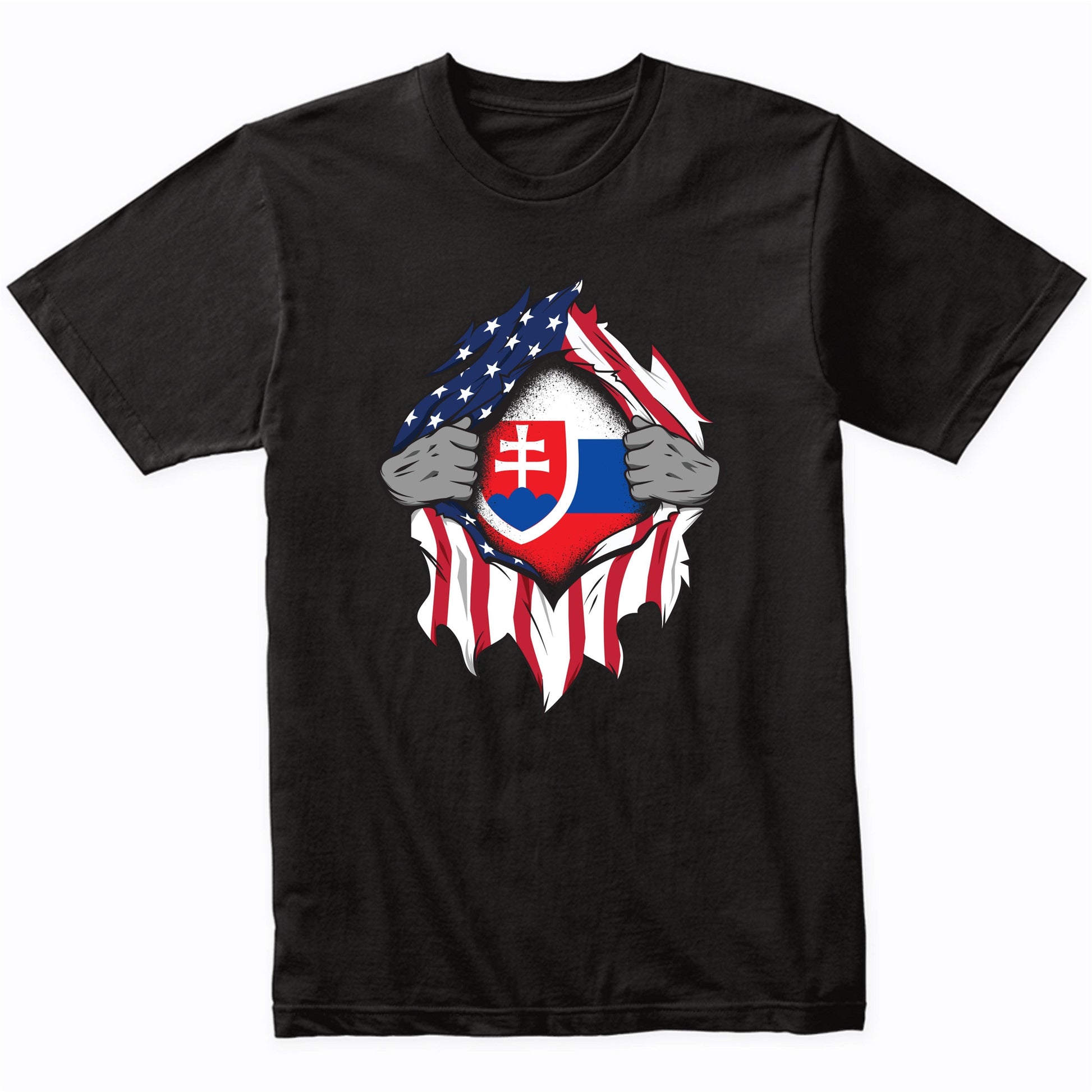 Slovakian American Flags Hands Ripping Flag on Chest T-Shirt