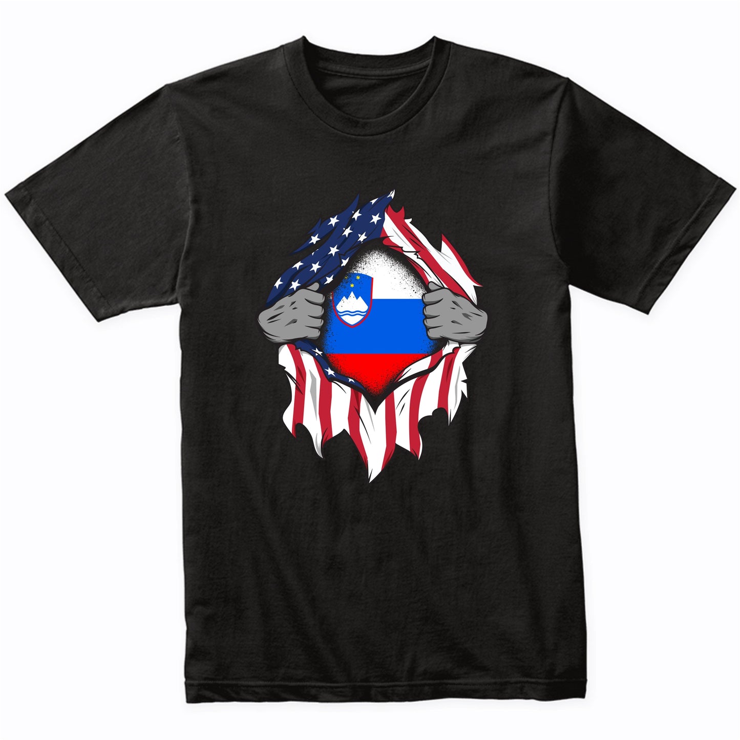 Slovenian American Flags Hands Ripping Flag on Chest T-Shirt