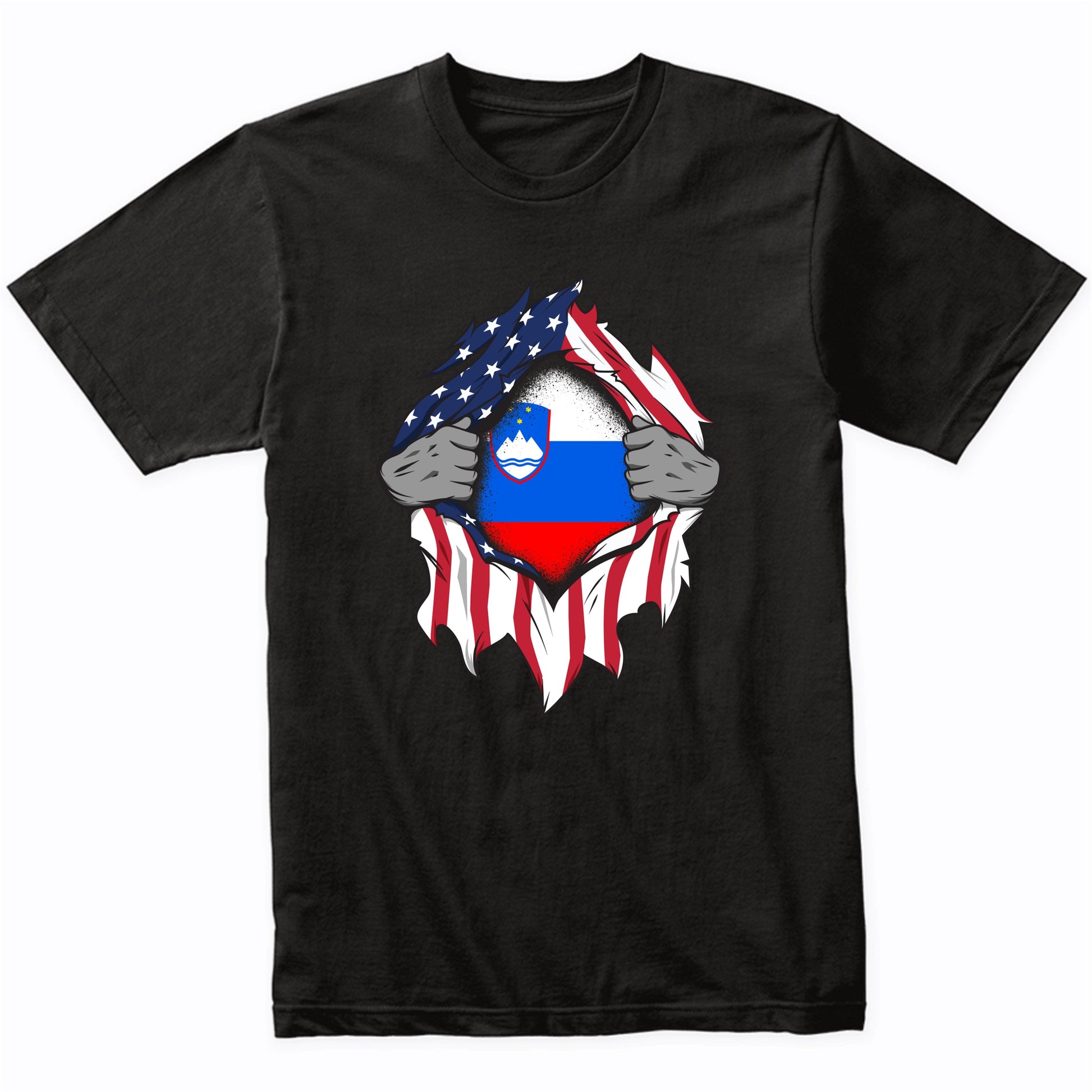 Slovenian American Flags Hands Ripping Flag on Chest T-Shirt