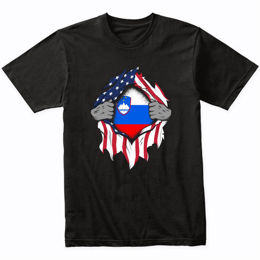 Slovenian American Flags Hands Ripping Flag on Chest T-Shirt