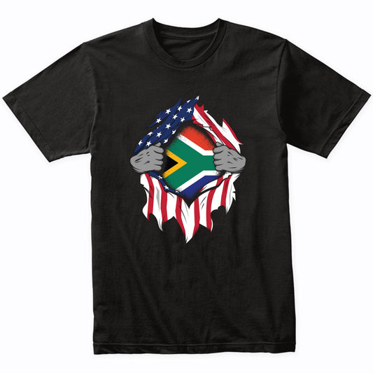 South African American Flags Hands Ripping Flag on Chest T-Shirt