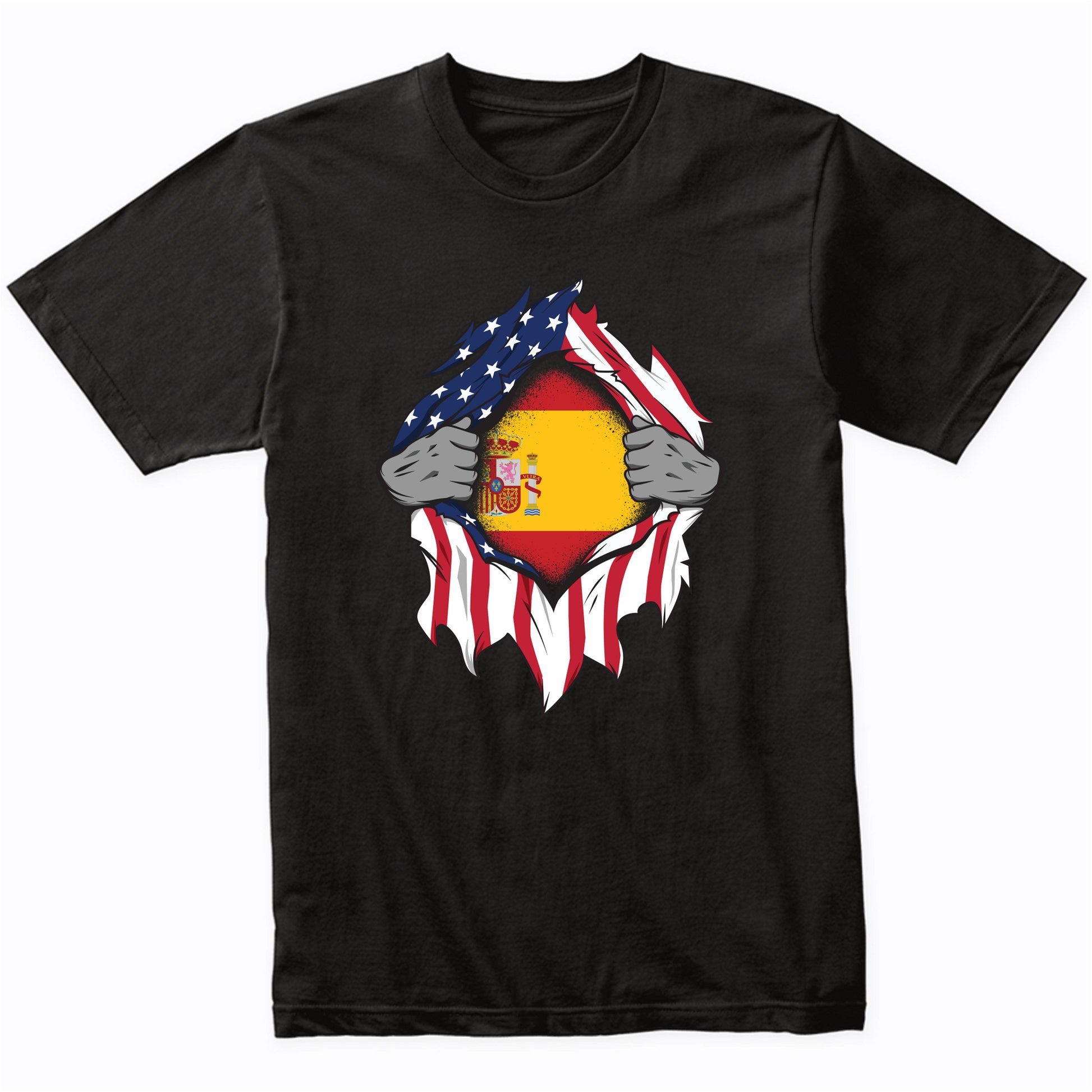 Spanish American Flags Hands Ripping Flag on Chest T-Shirt