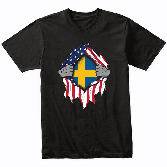 Swedish American Flags Hands Ripping Flag on Chest T-Shirt