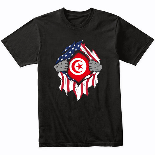 Tunisian American Flags Hands Ripping Flag on Chest T-Shirt