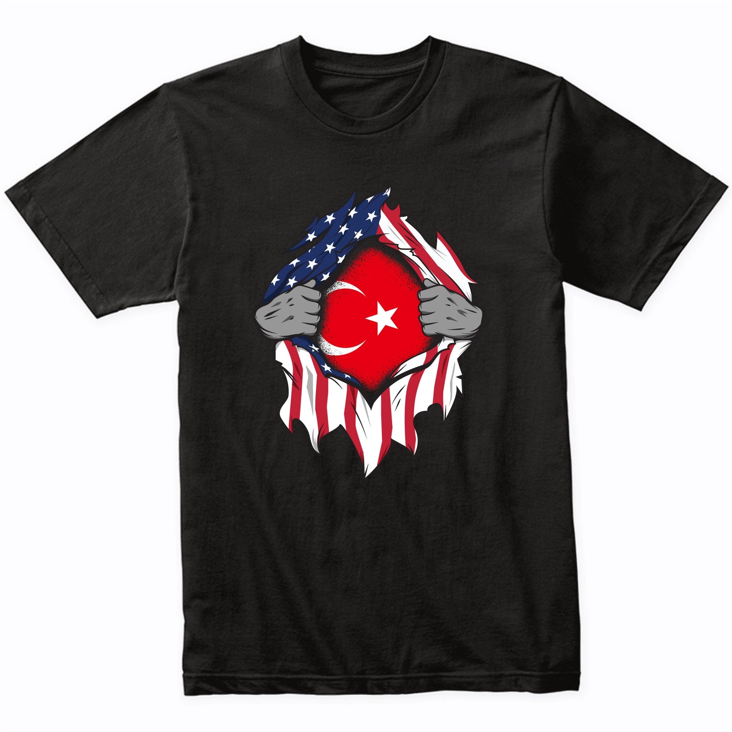 Turkish American Flags Hands Ripping Flag on Chest T-Shirt