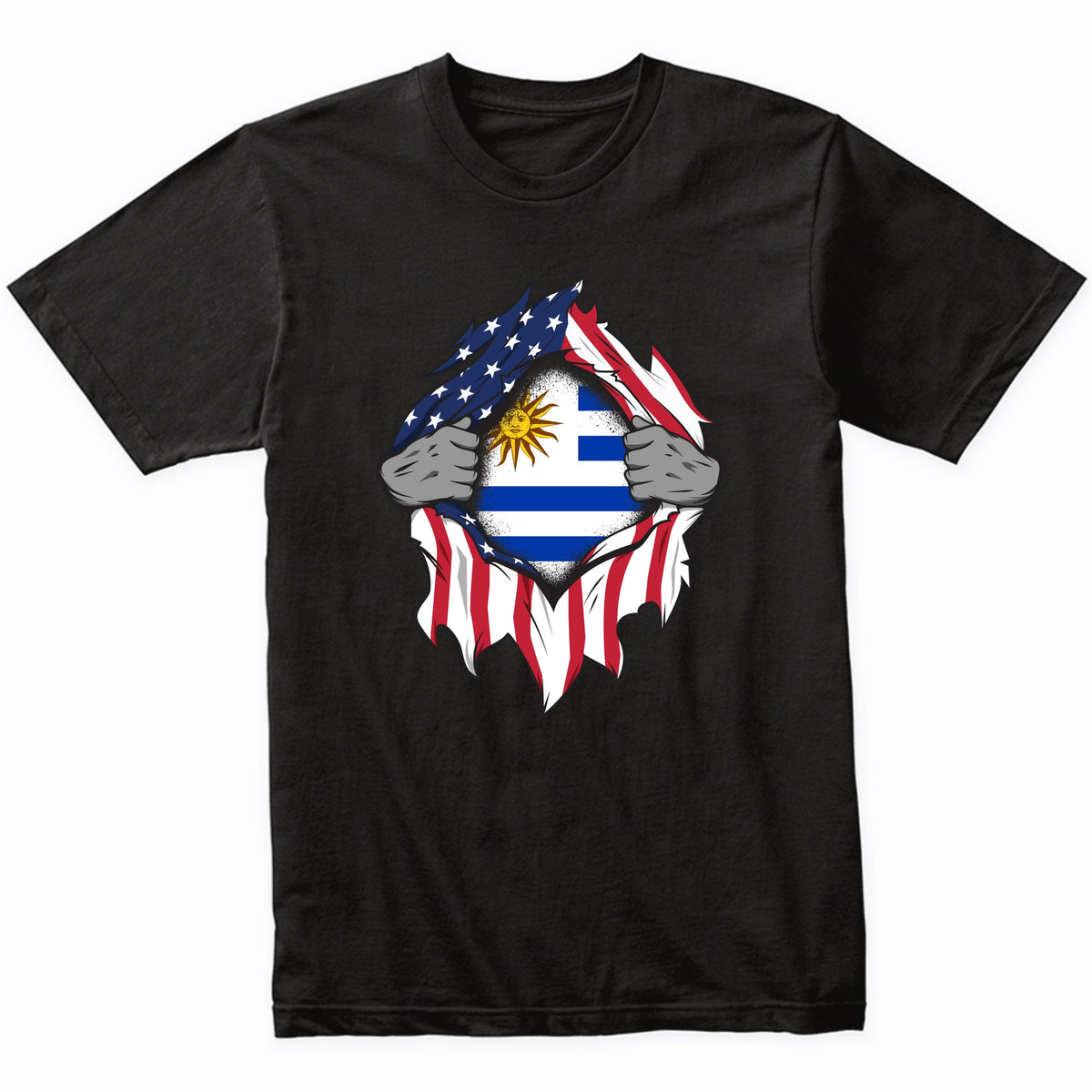 Uruguayan American Flags Hands Ripping Flag on Chest T-Shirt