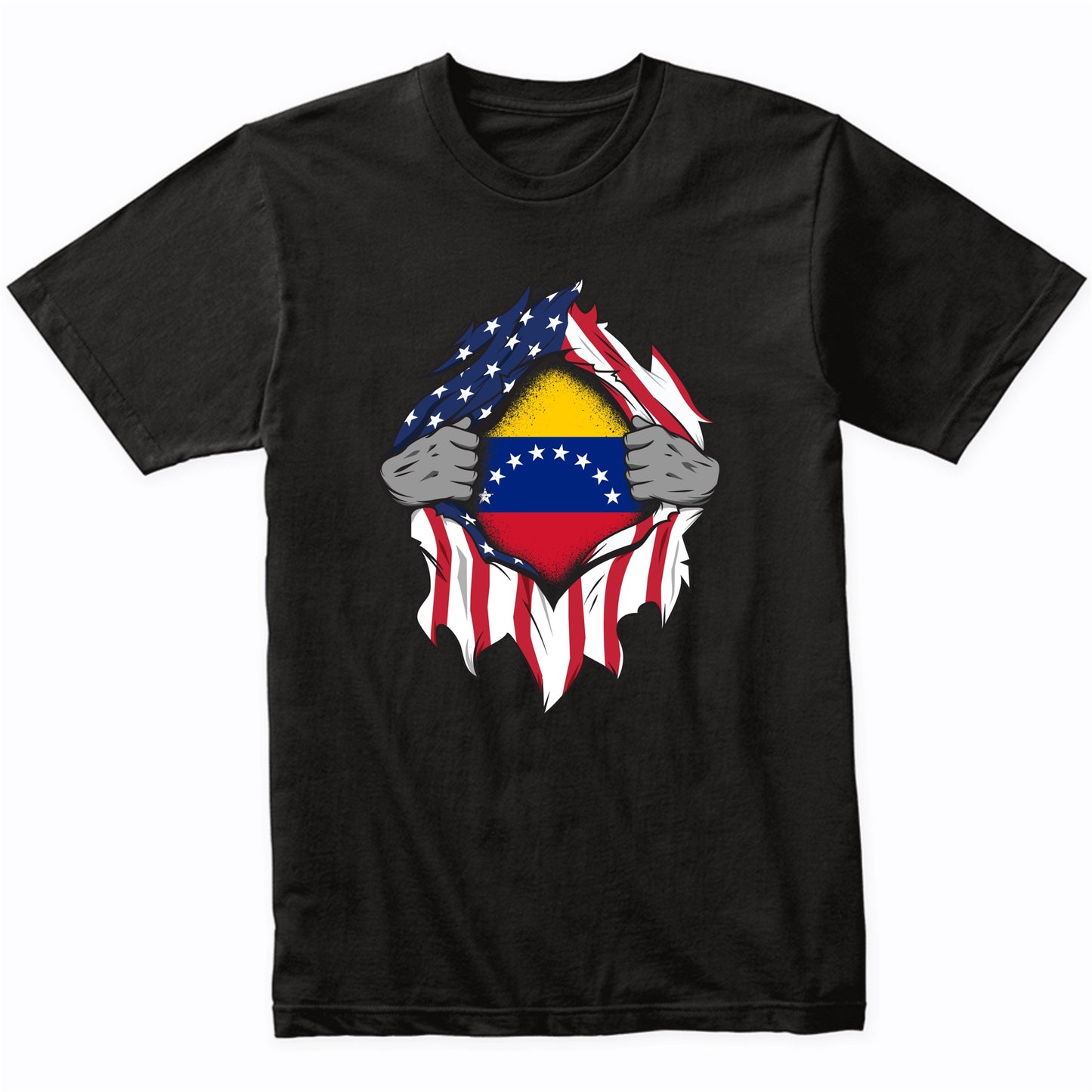 Venezuelan American Flags Hands Ripping Flag on Chest T-Shirt
