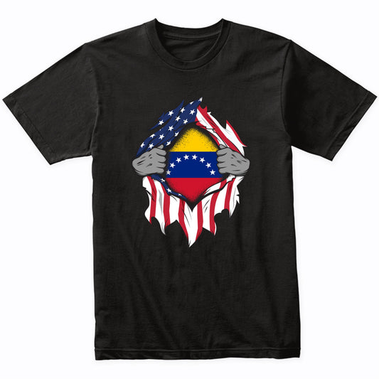 Venezuelan American Flags Hands Ripping Flag on Chest T-Shirt