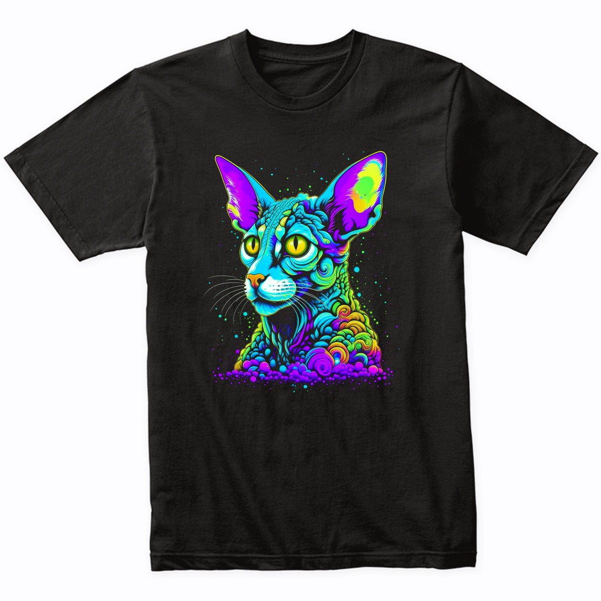 Colorful Bright Cornish Rex Cat Vibrant Psychedelic Cat Art T-Shirt