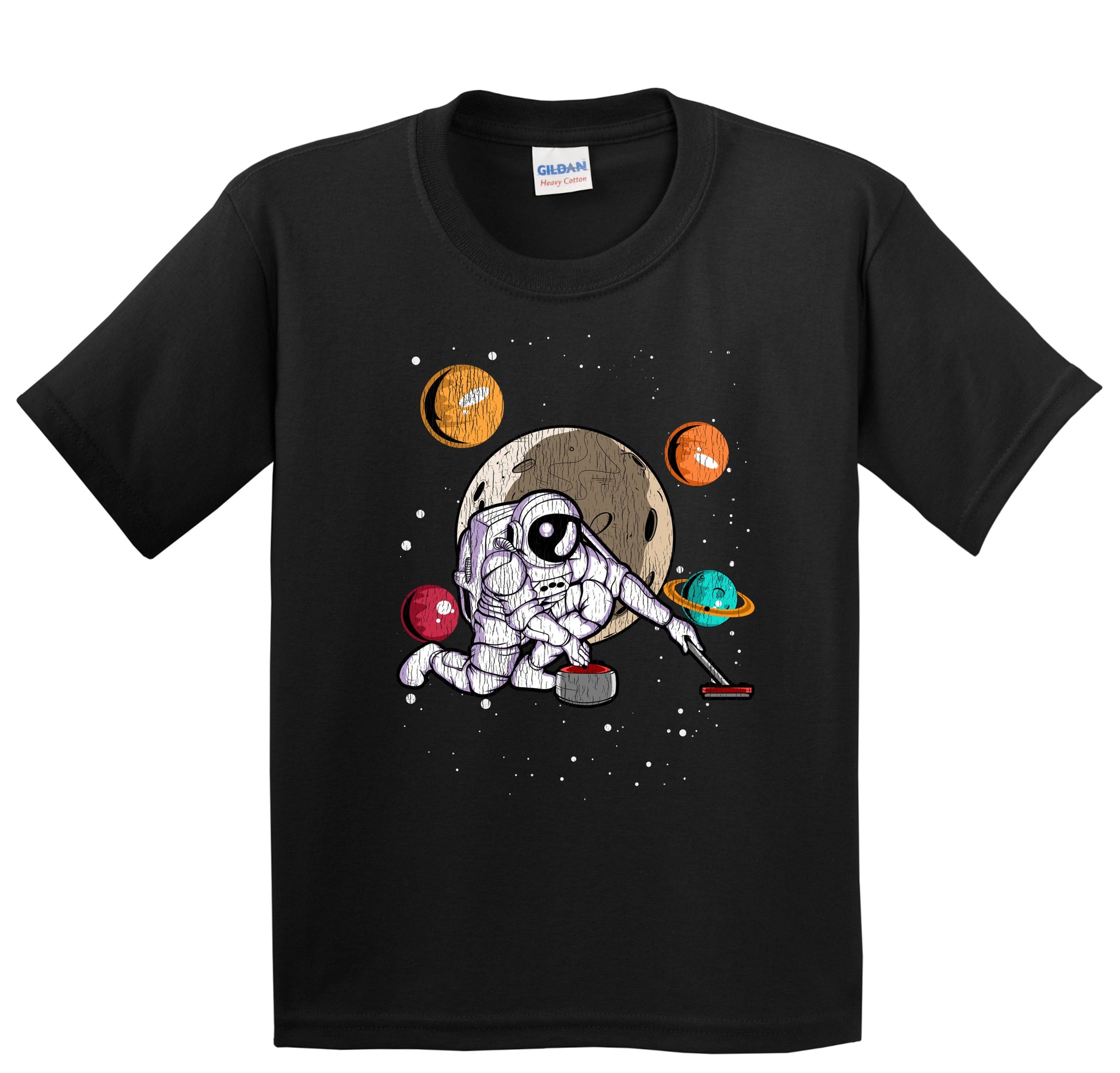 Curling Astronaut Outer Space Spaceman Distressed Youth T-Shirt