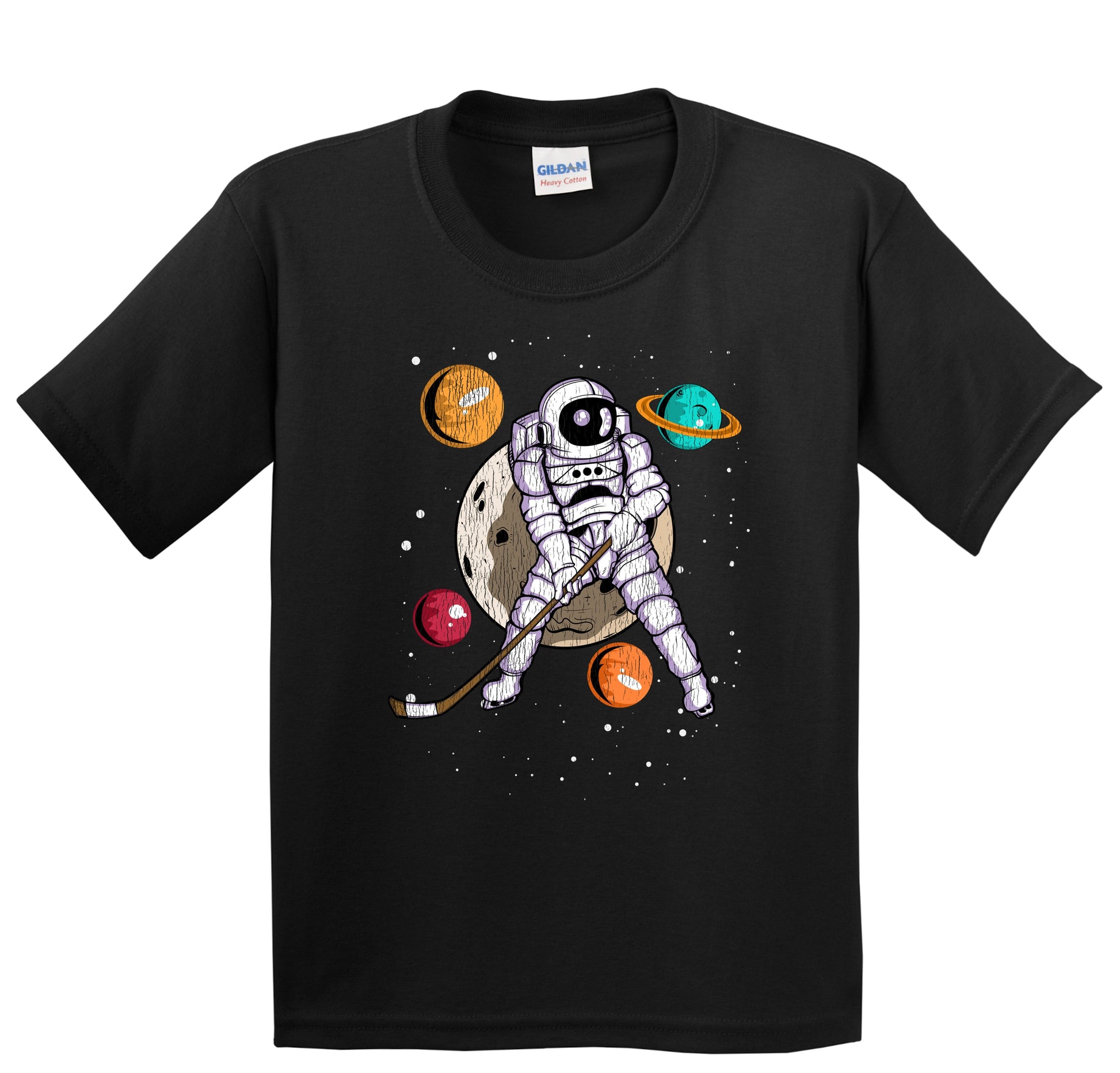 Hockey Astronaut Outer Space Spaceman Distressed Youth T-Shirt