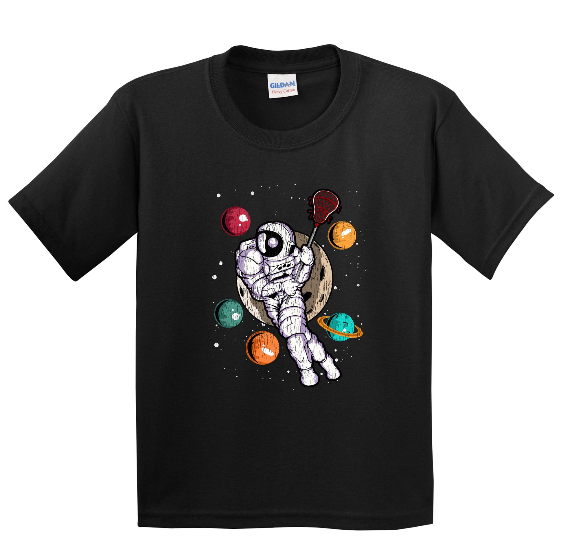 Lacrosse Astronaut Outer Space Spaceman Distressed Youth T-Shirt