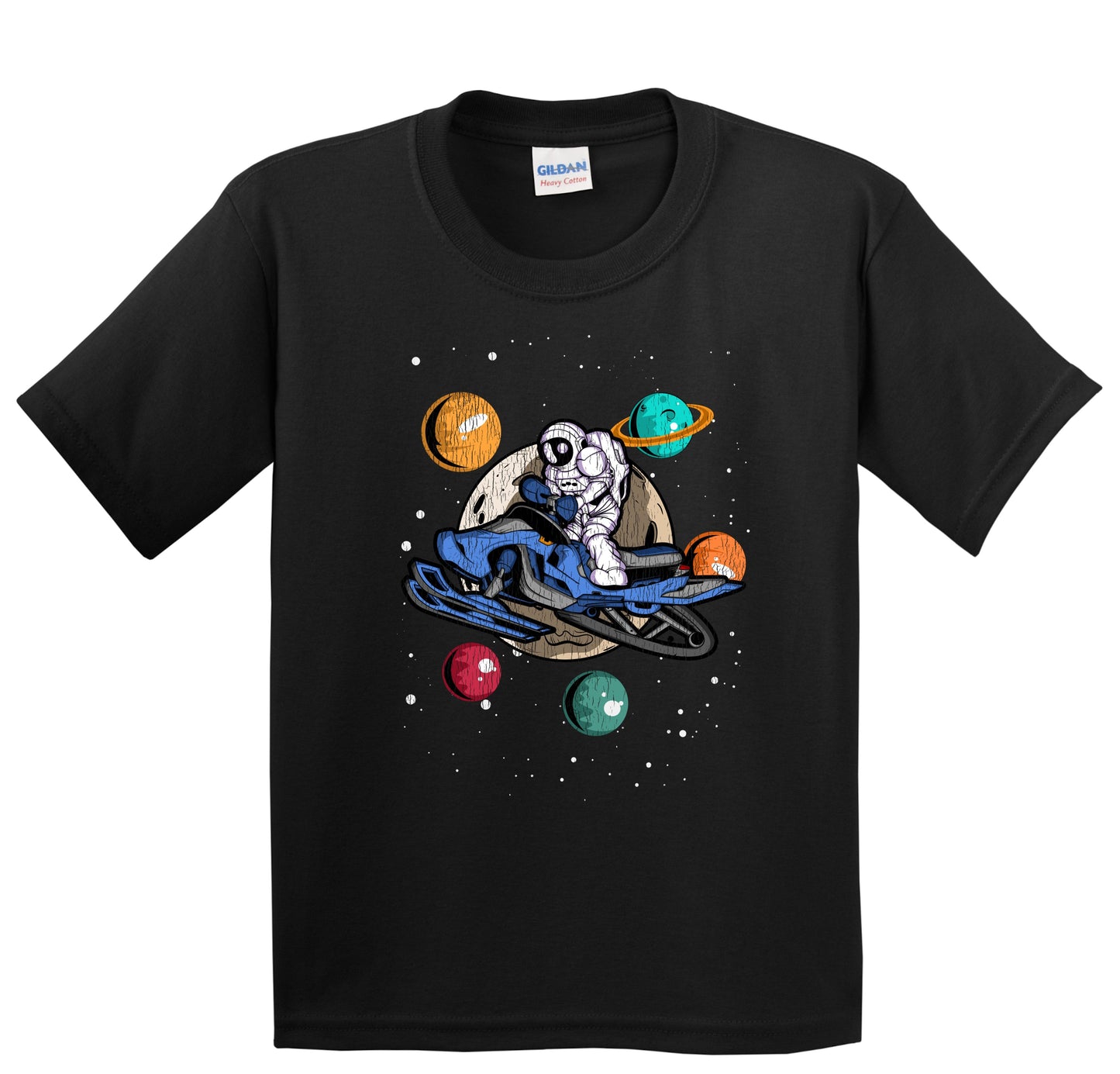 Snowmobiling Astronaut Outer Space Spaceman Snowmobile Distressed Youth T-Shirt