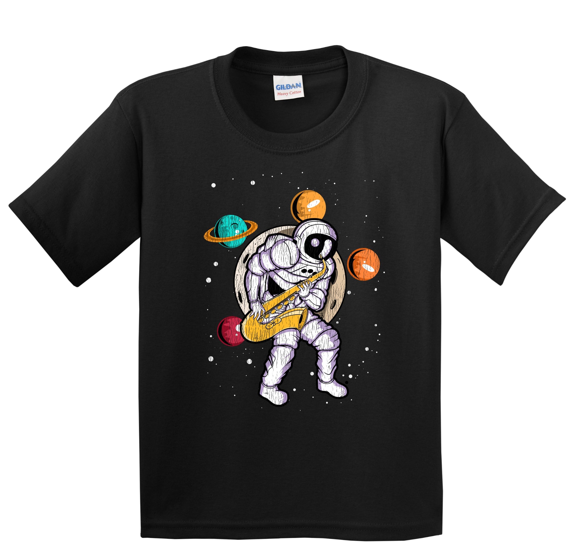 Sax Player Astronaut Outer Space Spaceman Saxophone Distressed Youth T-Shirt