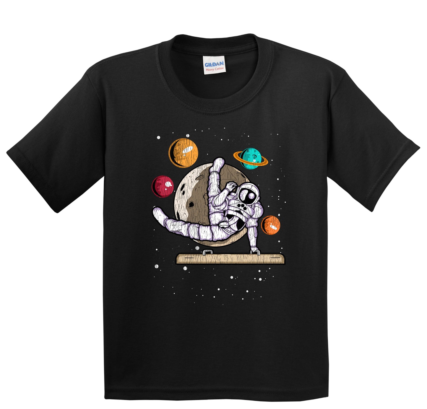 Male Gymnast Astronaut Outer Space Spaceman Gymnastics Distressed Youth T-Shirt