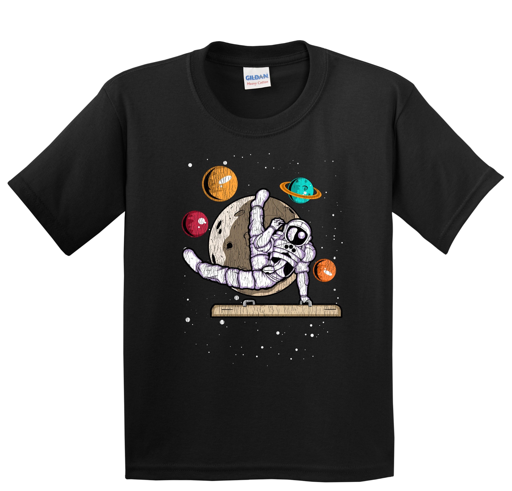 Male Gymnast Astronaut Outer Space Spaceman Gymnastics Distressed Youth T-Shirt