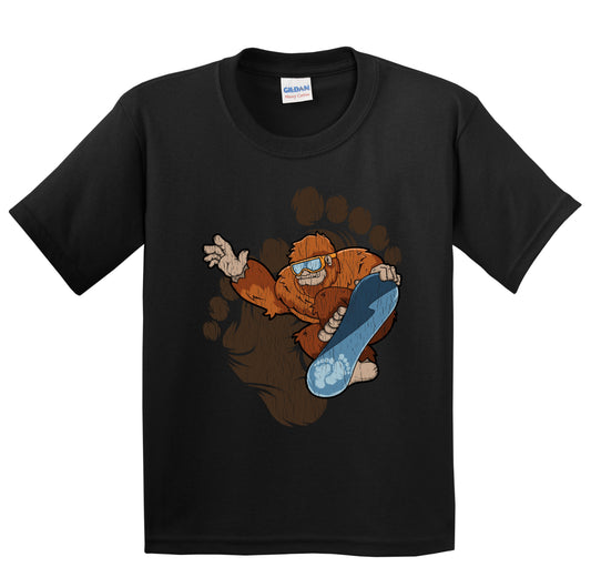 Kids Bigfoot Snowboarding Shirt - Sasquatch Riding Snowboard Youth T-Shirt