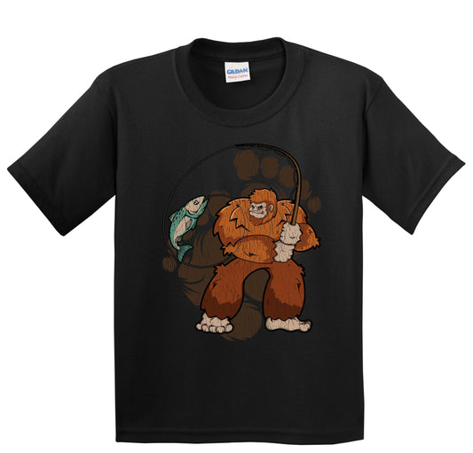 Kids Bigfoot Fishing Shirt - Sasquatch Catching a Fish Youth T-Shirt