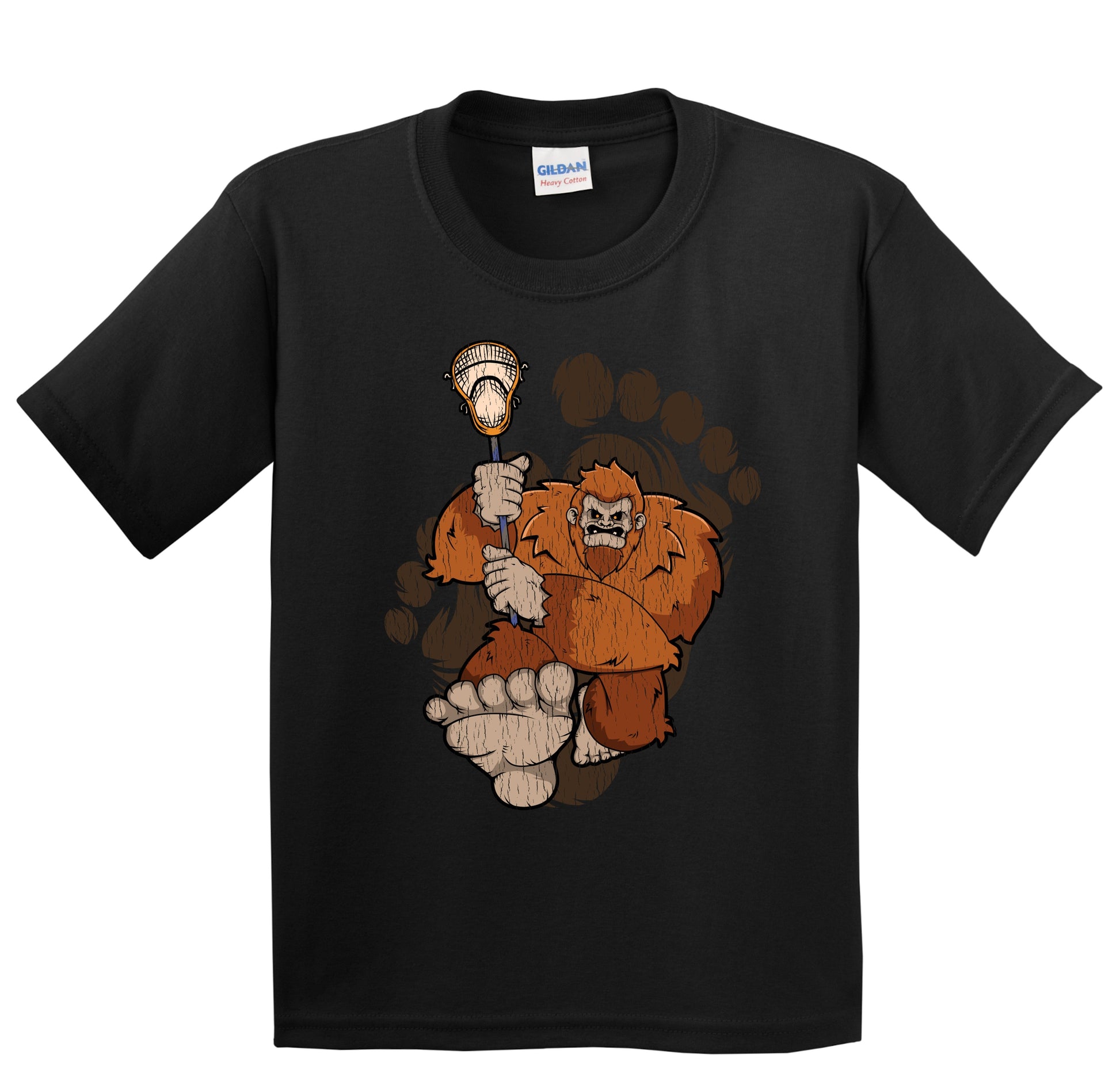 Kids Bigfoot Lacrosse Shirt - Sasquatch Playing Lacrosse Youth T-Shirt