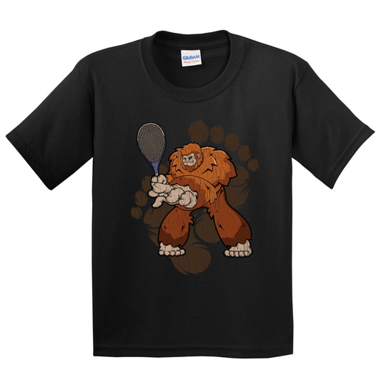 Kids Bigfoot Tennis Shirt - Sasquatch Playing Tennis Youth T-Shirt