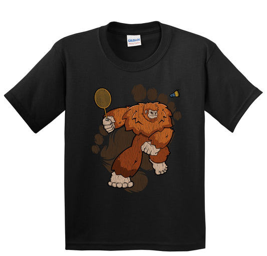 Kids Bigfoot Badminton Shirt - Sasquatch Playing Badminton Youth T-Shirt