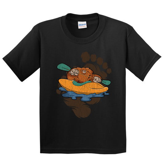 Kids Bigfoot Kayaking Shirt - Sasquatch Paddling Kayak Youth T-Shirt