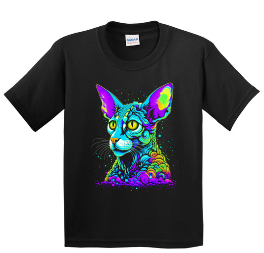 Colorful Bright Cornish Rex Cat Vibrant Psychedelic Cat Art Youth T-Shirt